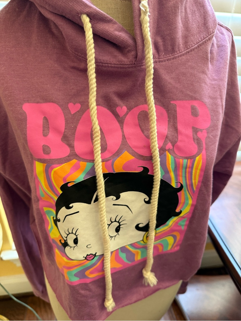 Vintage Betty Boop Mauve Cropped Hoodie with Pink & Multicolor Print